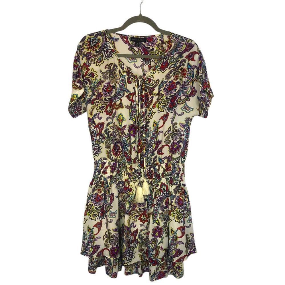 Banana Republic Floral Paisley Print Short Sleeve Dress Smocking Tassel Ties